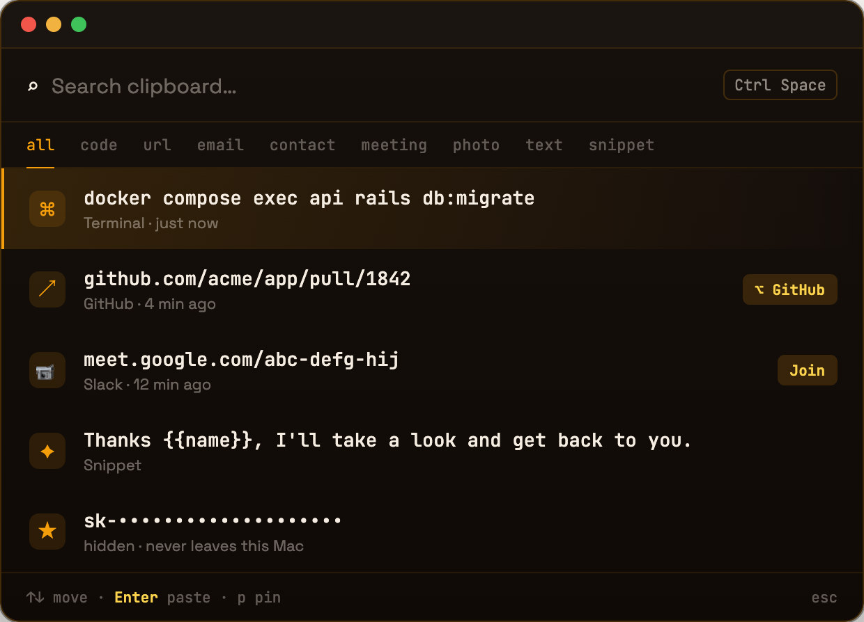 Ember's clipboard picker open over a terminal, showing recent copies: a docker command, a GitHub PR link, a meeting link, and a saved snippet